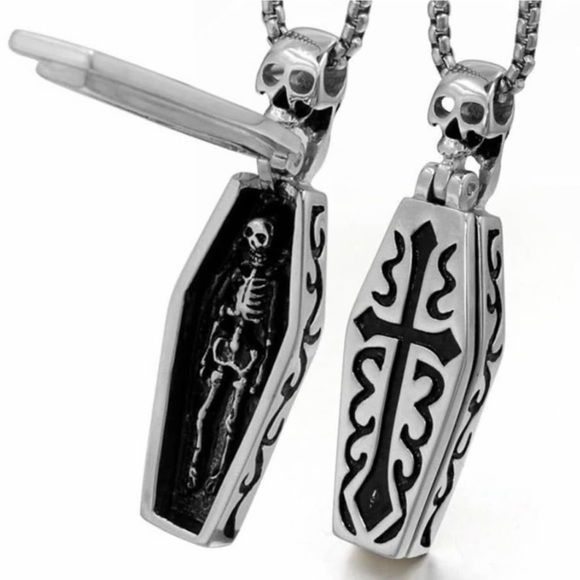 Skeleton in Coffin- Cross Skull Gothic Tomb Dead Corpse Swinging Locket Necklace - Picture 1 of 16